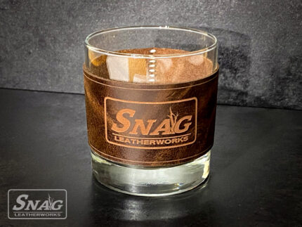 Laser engraved leather wrapped whiskey glass with hand stitching