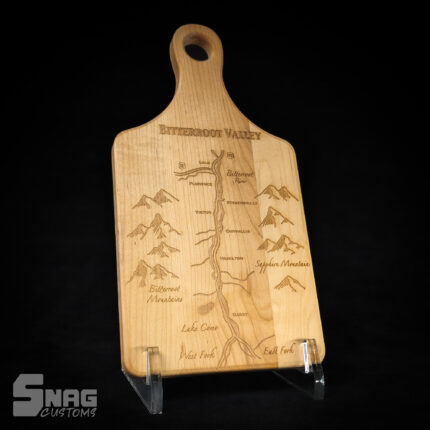 Laser engraved handled cutting board with custom bitterroot valley map