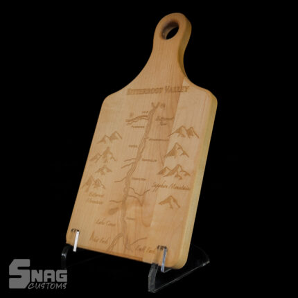 Laser engraved handled cutting board with custom bitterroot valley map