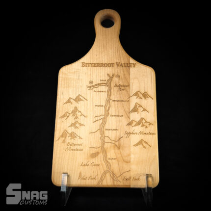 Laser engraved handled cutting board with custom bitterroot valley map