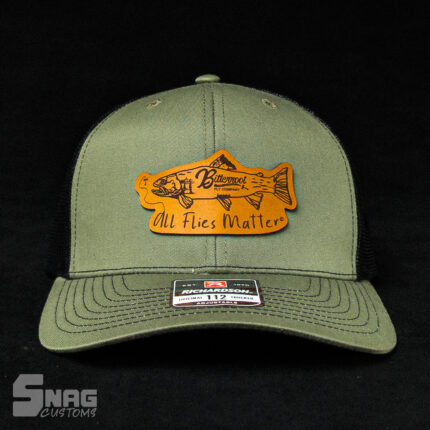 custom laser engraved leather patch on richardson 112 115 yupoong hat. hermann oak leather. laser engraved in montana, usa