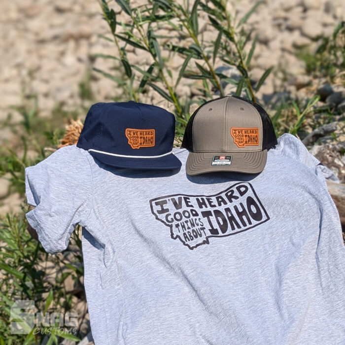 Montana outline with "I've heard good things about idaho" leather patch hat